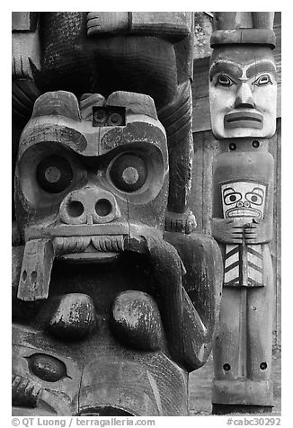 Totem poles in Thunderbird Park. Victoria, British Columbia, Canada (black and white)