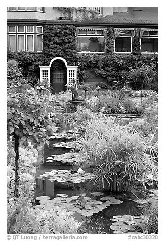 Pond in Italian Garden and Dining Room. Butchart Gardens, Victoria, British Columbia, Canada (black and white)