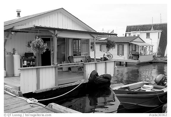 Houseboat, Upper Harbour. Victoria, British Columbia, Canada (black and white)