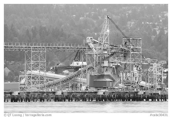 Industrial installations in harbor. Vancouver, British Columbia, Canada (black and white)