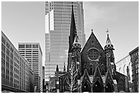 Church and modern buildings, Montreal. Quebec, Canada (black and white)