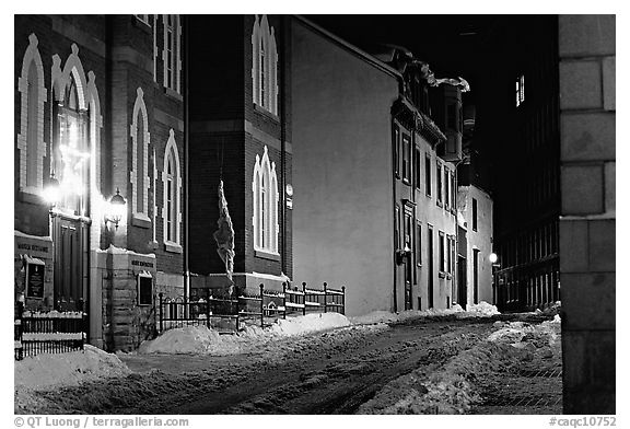 Street at night in winter, Quebec City. Quebec, Canada (black and white)