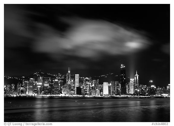 Hong-Kong Island skyline from the waterfront promenade by night. Hong-Kong, China