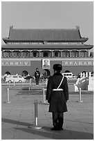 Gate of Heavenly Peace and guards, Tiananmen Square. Beijing, China (black and white)