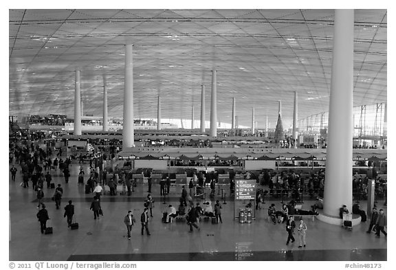 Interior of Norman Foster designed terminal 3, International Airport. Beijing, China (black and white)