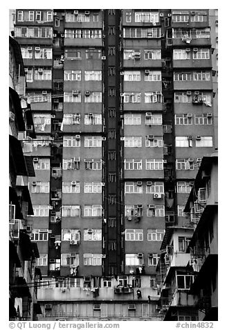 High-rise residential building in a popular district, Kowloon. Hong-Kong, China (black and white)