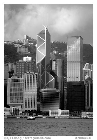 Landmark Bank of China building, whose triangular shapes were designed by Pei. Hong-Kong, China (black and white)