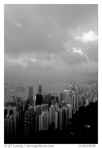 Hong-Kong Island from Victoria Peak, sunset. Hong-Kong, China (black and white)