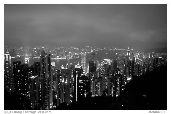 Hong-Kong lights from Victoria Peak at night. Hong-Kong, China (black and white)