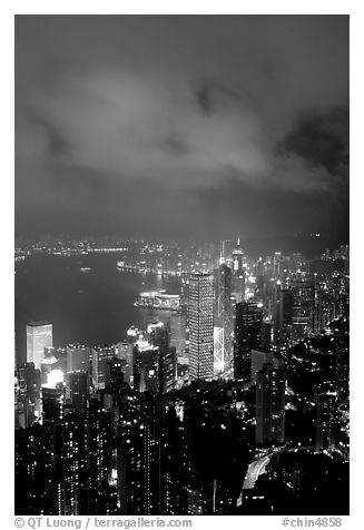 Hong-Kong city lights from Victoria Peak. Hong-Kong, China (black and white)