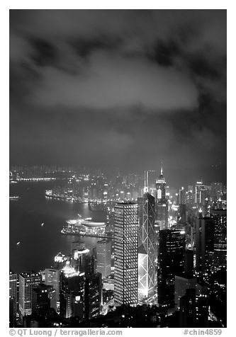 Skycraper Hong-Kong city lights from Victoria Peak at night. Hong-Kong, China (black and white)
