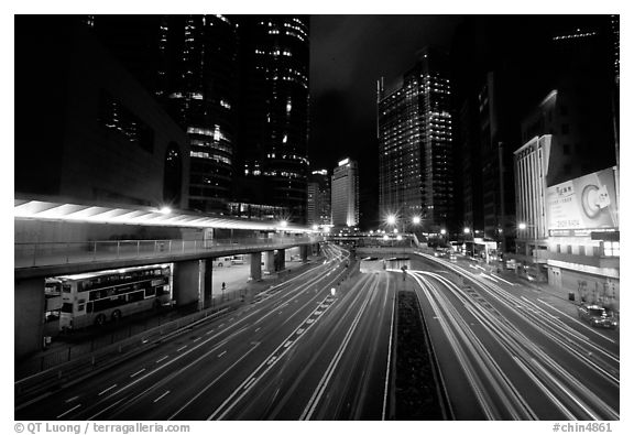 Expressway on Hong-Kong Island by night. Hong-Kong, China (black and white)