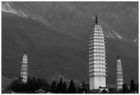 San Ta Si (Three pagodas) at sunrise, among the oldest standing structures in South West China. Dali, Yunnan, China ( black and white)