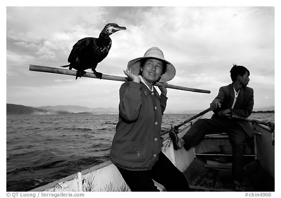 Aboard a cormorant fishing boat. Dali, Yunnan, China (black and white)