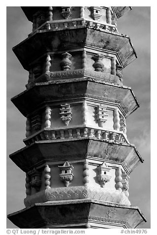 Detail of one of the two 10-tiered pagodas flanking Quianxun Pagoda. Dali, Yunnan, China (black and white)