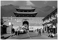 West gate with Cang Shan mountains in the background. Dali, Yunnan, China ( black and white)