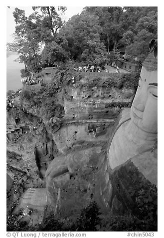Da Fo (Grand Buddha) with staircase in cliffside and river in the background. Leshan, Sichuan, China (black and white)