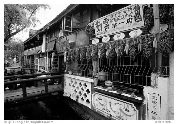 Snack Food in Lijiang restaurant overlooking a canal. Lijiang, Yunnan, China (black and white)