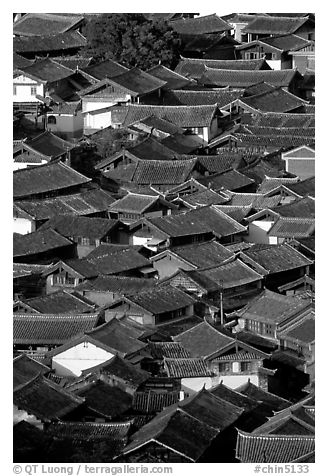Old town Rooftops seen from Wangu tower. Lijiang, Yunnan, China (black and white)