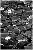 Old town Rooftops seen from Wangu tower. Lijiang, Yunnan, China (black and white)