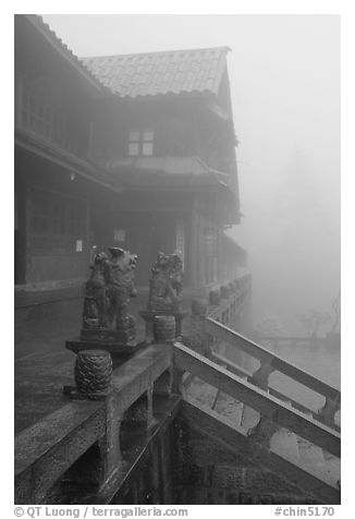 Xiangfeng temple in the fog. Emei Shan, Sichuan, China (black and white)