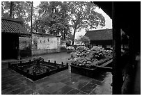 Courtyard of Hongchunping temple in the rain. Emei Shan, Sichuan, China ( black and white)