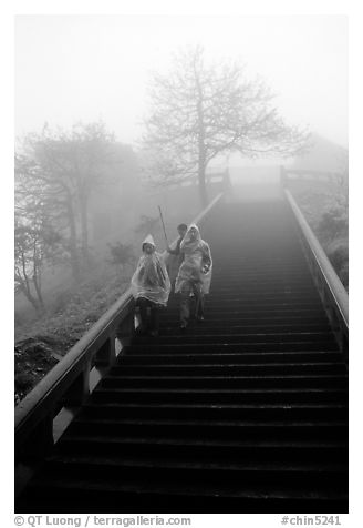 Pilgrims descend stairs beneah Xixiangchi temple in raingear. Emei Shan, Sichuan, China (black and white)