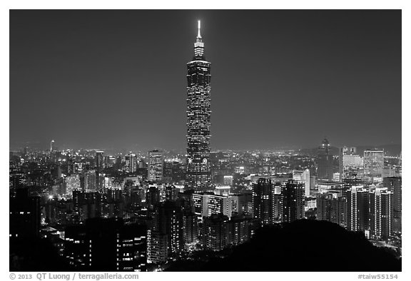 Xinyi district and Taipei 101 at night. Taipei, Taiwan (black and white)