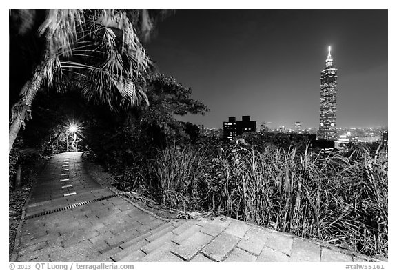 Path on Elephant Mountain with Taipei 101 in the distance at night. Taipei, Taiwan (black and white)