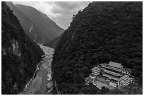 River gorge and temple. Taroko National Park, Taiwan ( black and white)