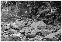 Boulders, marbled gorge walls, and Liwu River. Taroko National Park, Taiwan (black and white)