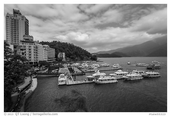 Shueishe Village waterfront and pier. Sun Moon Lake, Taiwan (black and white)