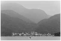 Itashao Village and mountains across lake. Sun Moon Lake, Taiwan (black and white)