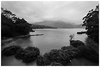 Cove with floating rafts on which plants are being grown. Sun Moon Lake, Taiwan (black and white)