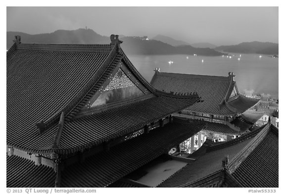 Wen Wu temple at dusk overlooking lake. Sun Moon Lake, Taiwan (black and white)