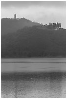 Syuanzang Temple and Tsen Pagoda in dawn mist. Sun Moon Lake, Taiwan ( black and white)