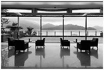 Lakeside hotel lobby. Sun Moon Lake, Taiwan (black and white)