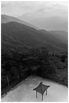 Pavilion from above and misty mountains, Tsen Pagoda. Sun Moon Lake, Taiwan ( black and white)
