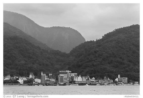 Itashao Village and mountains. Sun Moon Lake, Taiwan (black and white)