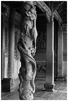 Carved dragon column, Hall of five gates, Longshan Temple. Lukang, Taiwan (black and white)