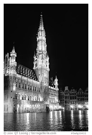 Town hall, Grand Place, night. Brussels, Belgium (black and white)
