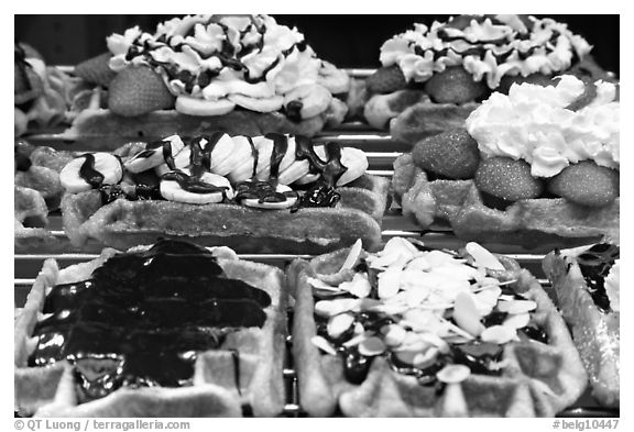Belgian waffles with a variety of toppings. Brussels, Belgium (black and white)