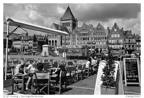 Outdoor cafe terrace, Grand Place. Tournai, Belgium (black and white)