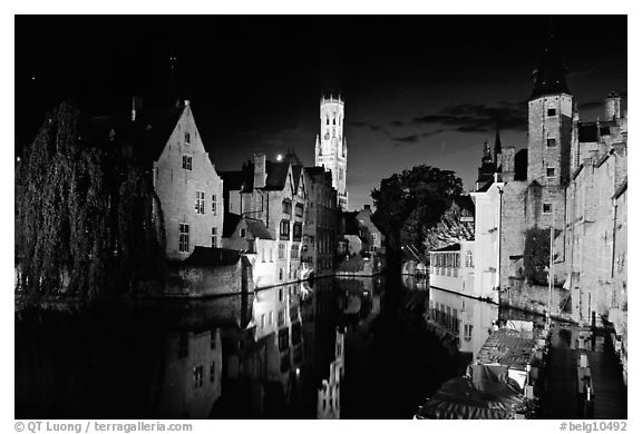 Old houses and beffroi Quai des Rosaires, night. Bruges, Belgium (black and white)