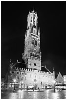 Halletoren belfry at night. Bruges, Belgium ( black and white)