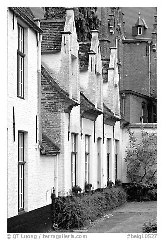 Whitewashed houses in the Beguinage. Bruges, Belgium (black and white)