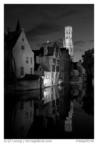 Old houses and belfry Quai des Rosaires, night. Bruges, Belgium (black and white)
