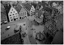 Marktplatz seen from the Rathaus tower. Rothenburg ob der Tauber, Bavaria, Germany (black and white)