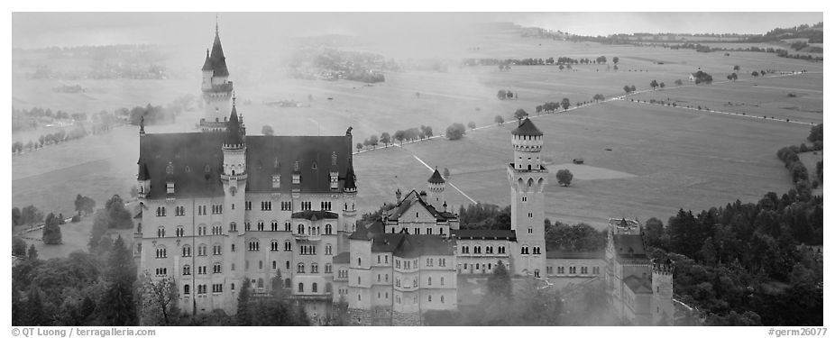 Neuschwanstein castle and fog. Bavaria, Germany (black and white)