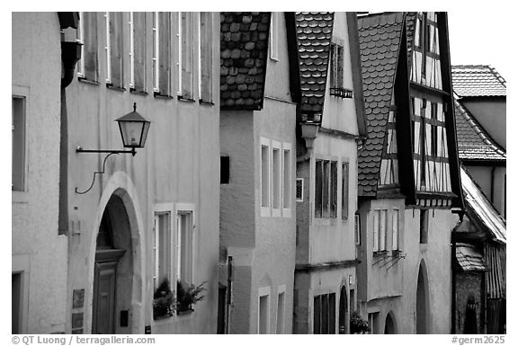 Row of colorful houses. Rothenburg ob der Tauber, Bavaria, Germany (black and white)